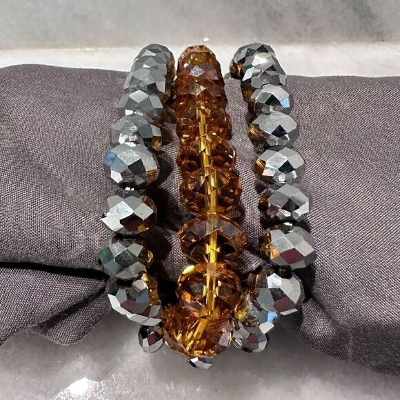 Womens Bold Crystal Rhinestones Amber Silver Elastic Cuff Bracelet - Picture 4 of 4